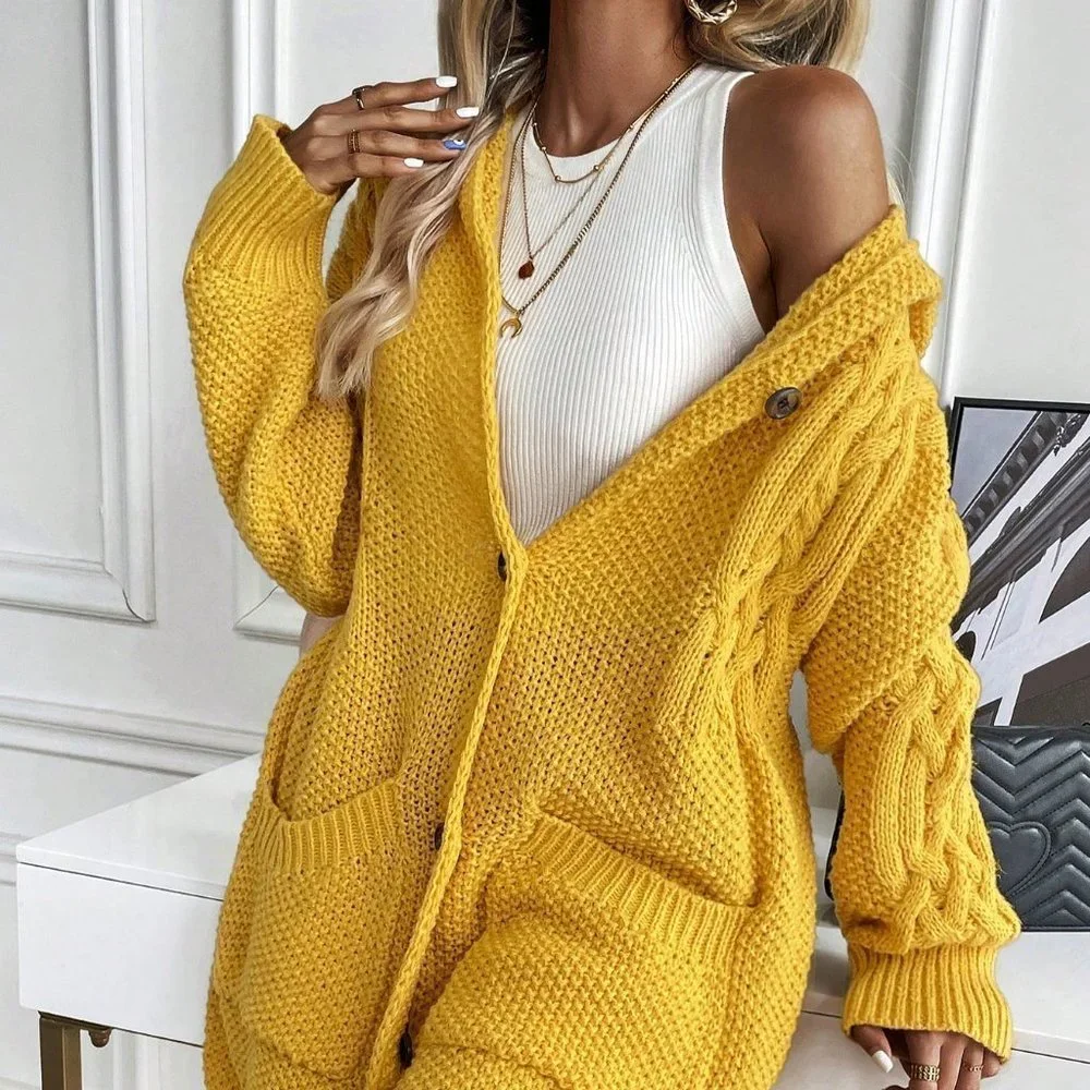 Yellow Boho Womens Dual Pocket Drop Shoulder Cable Knit Hooded Cardigan - Picture 6 of 6